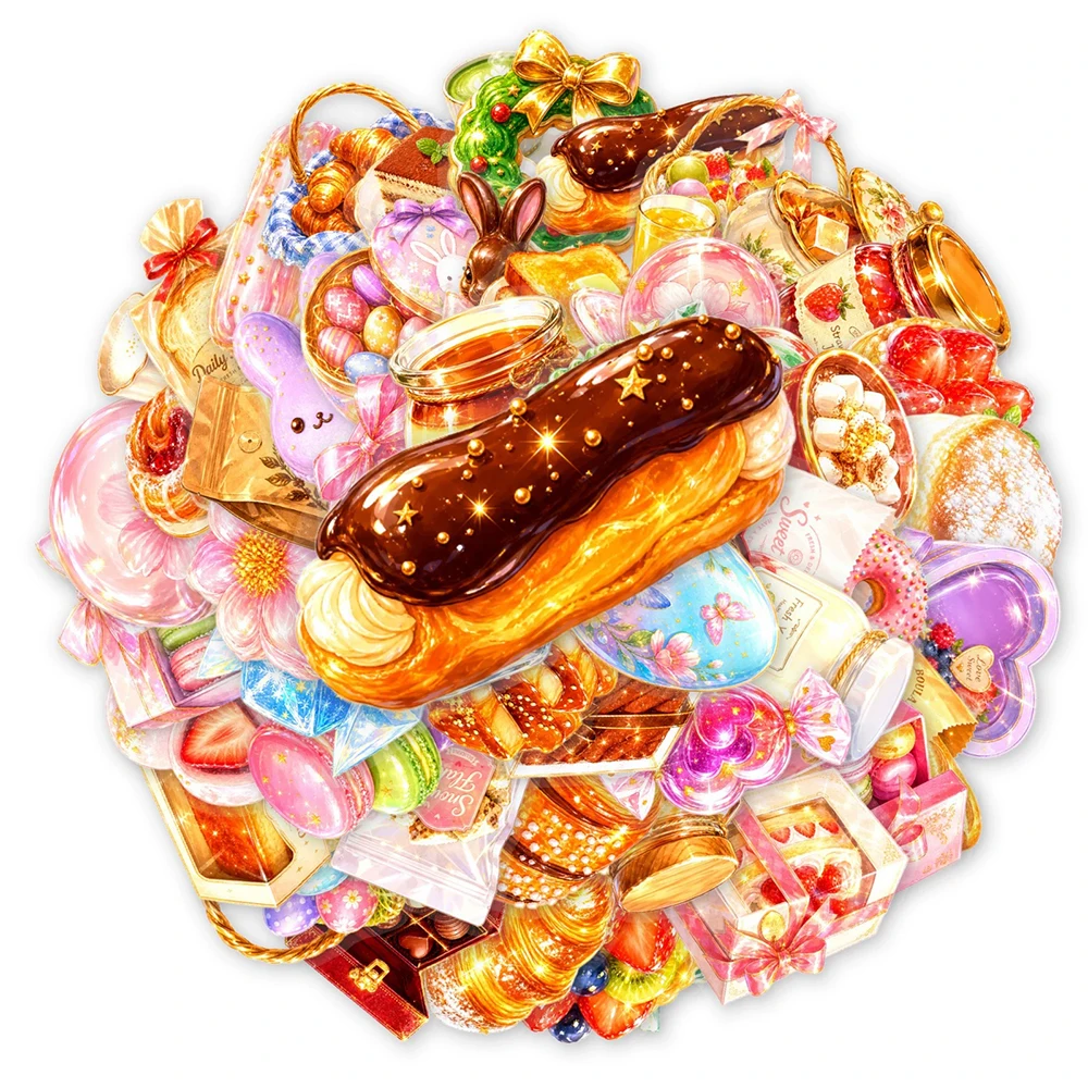 10/30/50pcs Transparent Shiny Dessert Cake Bread Stickers Cartoon Food Sticker DIY Fridge Water Bottle Phone Decals Decoration