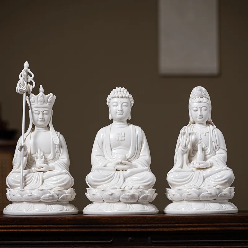 White Porcelain Guanyin Buddha Statue Ceramic Ksitigarbha Bodhisattva Sakyamuni Home Worship Light Decor
