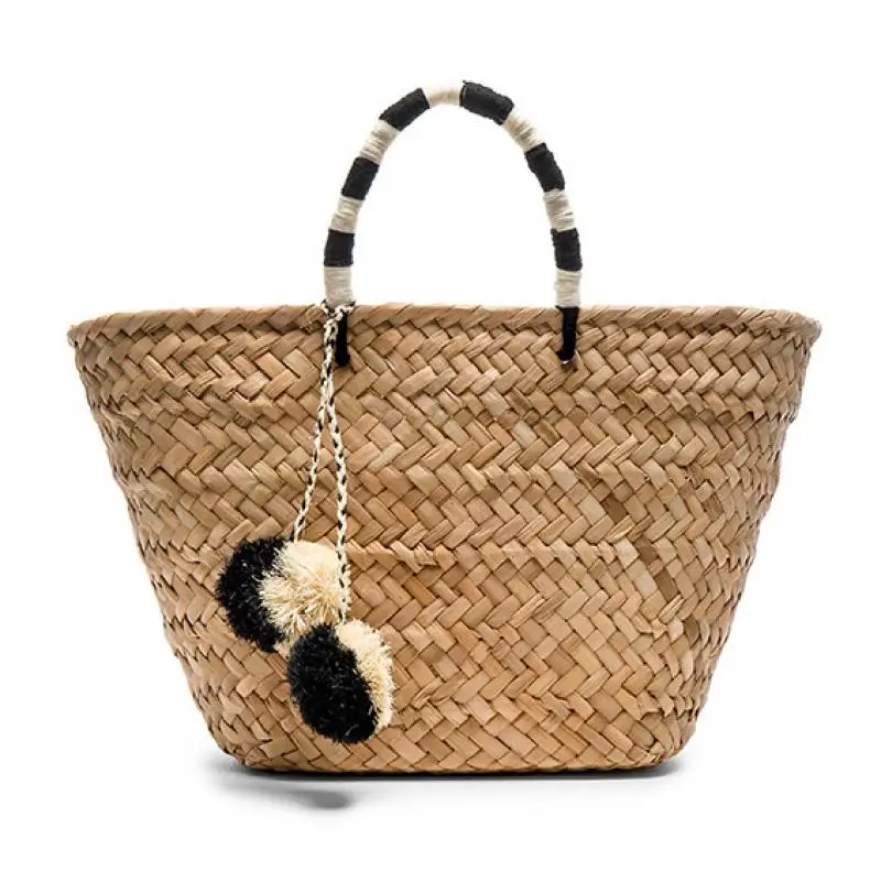 Imagem -05 - Verão Artesanal Colorido Bola de Vime Tecido Bolsas Femininas Casuais Grande Rattan Cesta Bolsas Praia Palha Bolsa Grande Balde Tote Bolsas