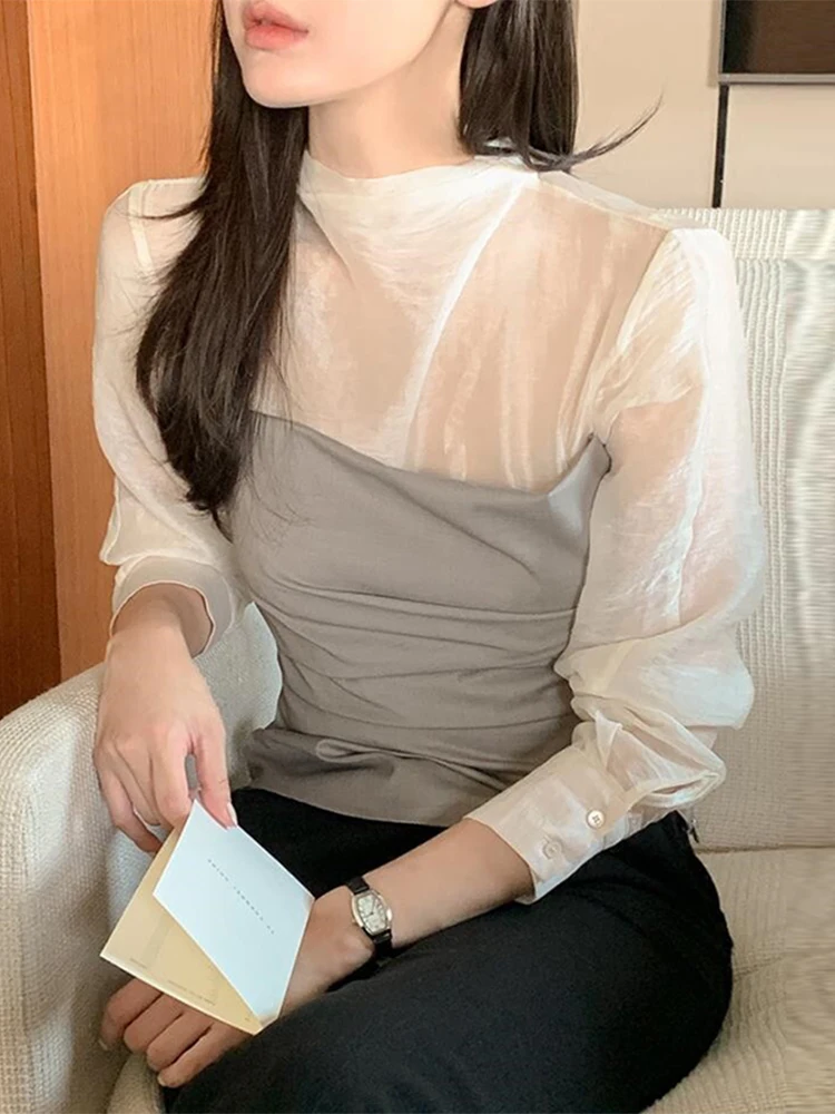 

Chic Autumnal Versatile f High Collar Me Splice Faux Two-Piece Pleated Waist-Cinching Long Sve irt Top