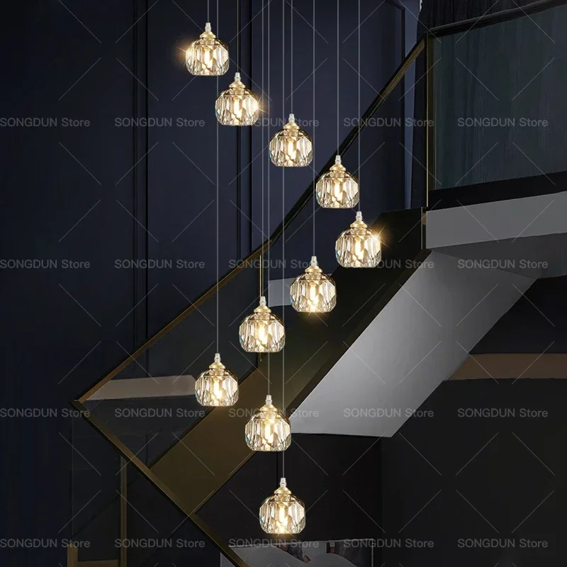 Duplex Spiral Staircase Long Chandelier Light Luxury Crystal Hall Light Modern Simple Loft Apartment Living Room Chandelier