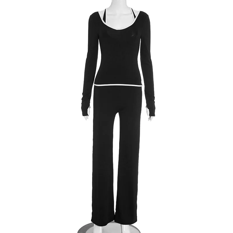 여성용 신상 가을 2025 크로스 스트랩 & 브이넥 긴팔 탱크탑 & 캐주얼 스트레이트 팬츠 3피스 스포티 수트