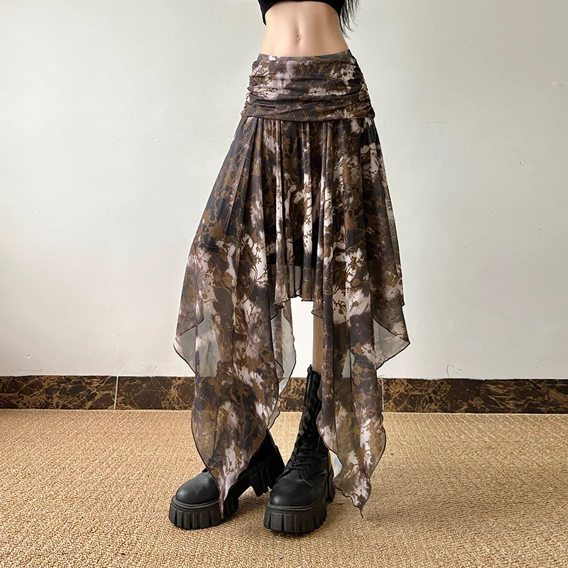 Brauner Y2K-Kurzrock aus Mesh für Damen, gothicischer, unregelmäßiger, süßer kurzer Rock, der geschichtet werden kann, Club-Party-Minirock mit plissierter Taille.