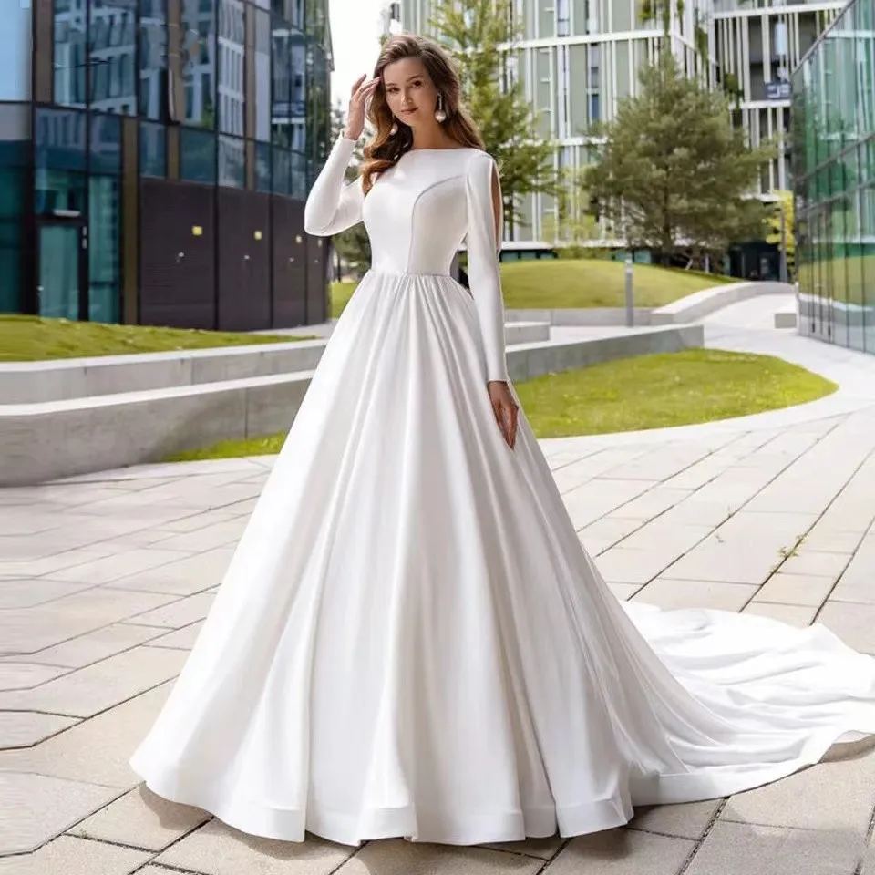 

On Zhu Satin O-Neck Muslim Wedding Dresses White A-Line Full Sleeves Exquisite Bridal Gowns For Woman Simple Vestido De Mariages