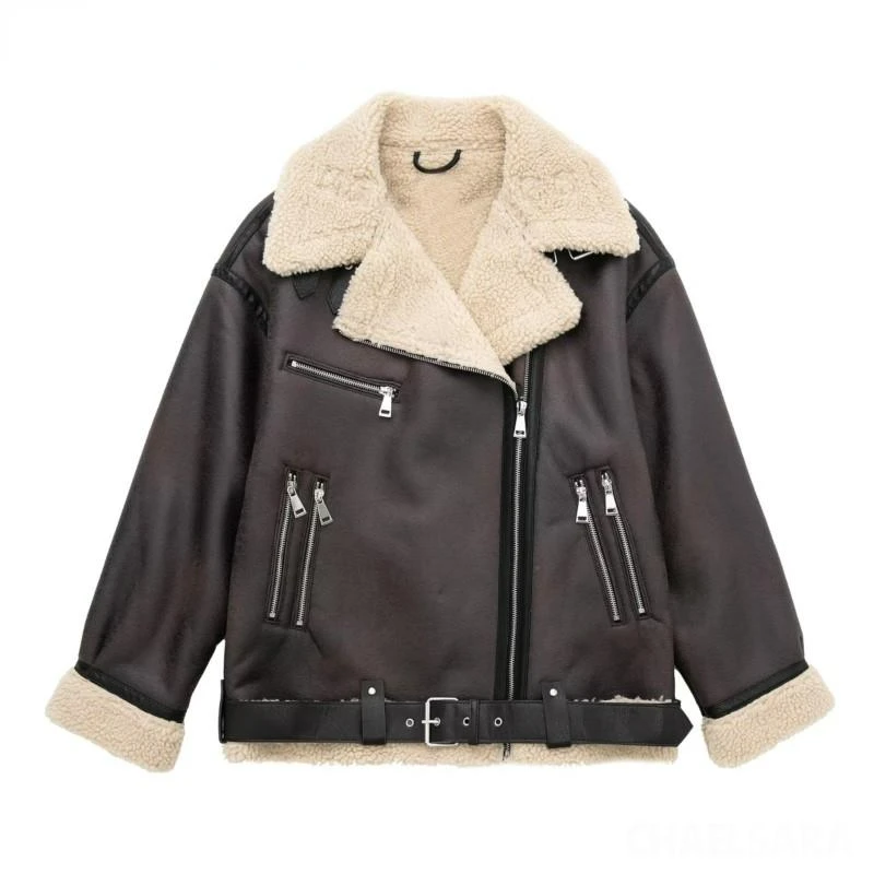 

2023 Winter Women Fashion Vintage Faux Suede Lambswool Leather Jacket Coat Female Belt Lapel Thicker Warm Zip Tops Outerwear