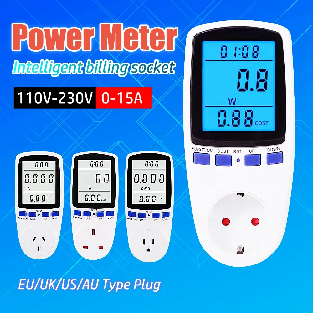 Inteligente Tomada De Faturamento De Energia, LCD Digital Power Metering Socket, Medição De Eletricidade Plug, UE REINO UNIDO AU EUA, AC110V-250V