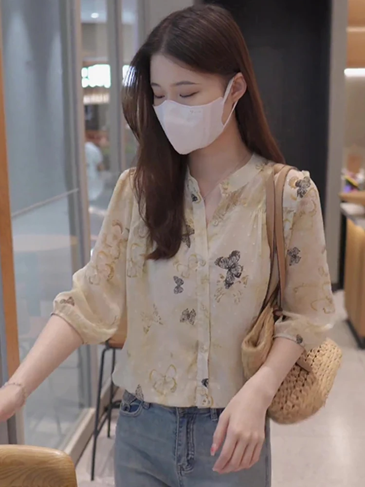 

Новая летняя женская блузка из шифона с принтом, свободного кроя, с рукавом 3/4, скрывающая живот, в корейском стиле, для повседневной носки