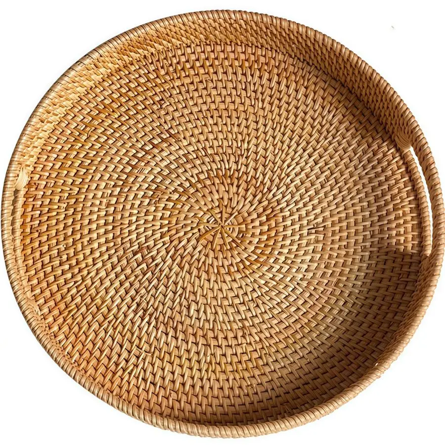 

Round Rattan Tray, Hand Woven Serving Tray with Handles, Wicker Serving Basket, Decorative Tray for Home Decor, Natural