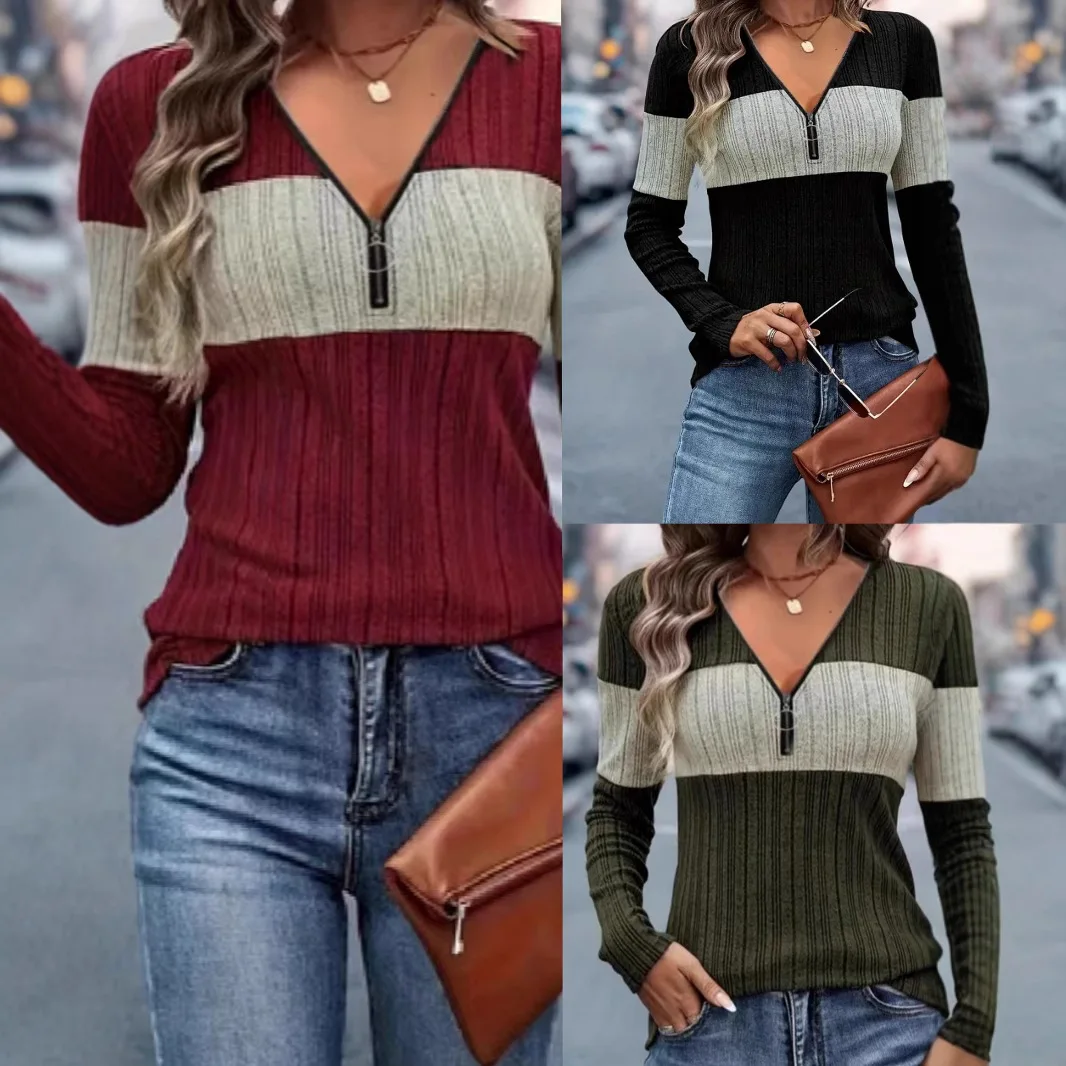 

Y2K Women's Fashion Autumn V-Neck Pullover Knitted Tie Elegant Casual Zipper Color Splicing Long Sleeve T-Shirt Top