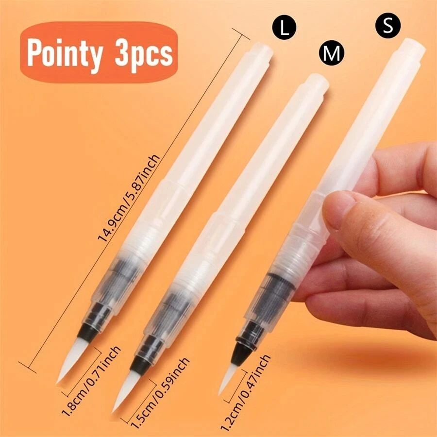 Watercolor Brush Pens, 6 pcs, Pointed & Flat Tips, Nylon Bristles, White, Refillable, Portable Ink/Water Brush