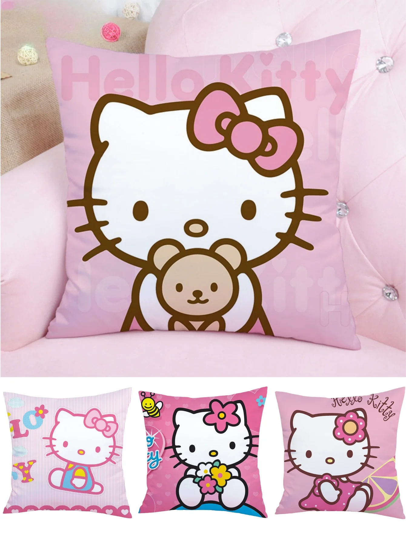 

1pc HelloKitty Cartoon Figure Kitty Print Pillowcase Sofa Pillow Case Room Decorations Double Sided Throwing Pillow Woman pink