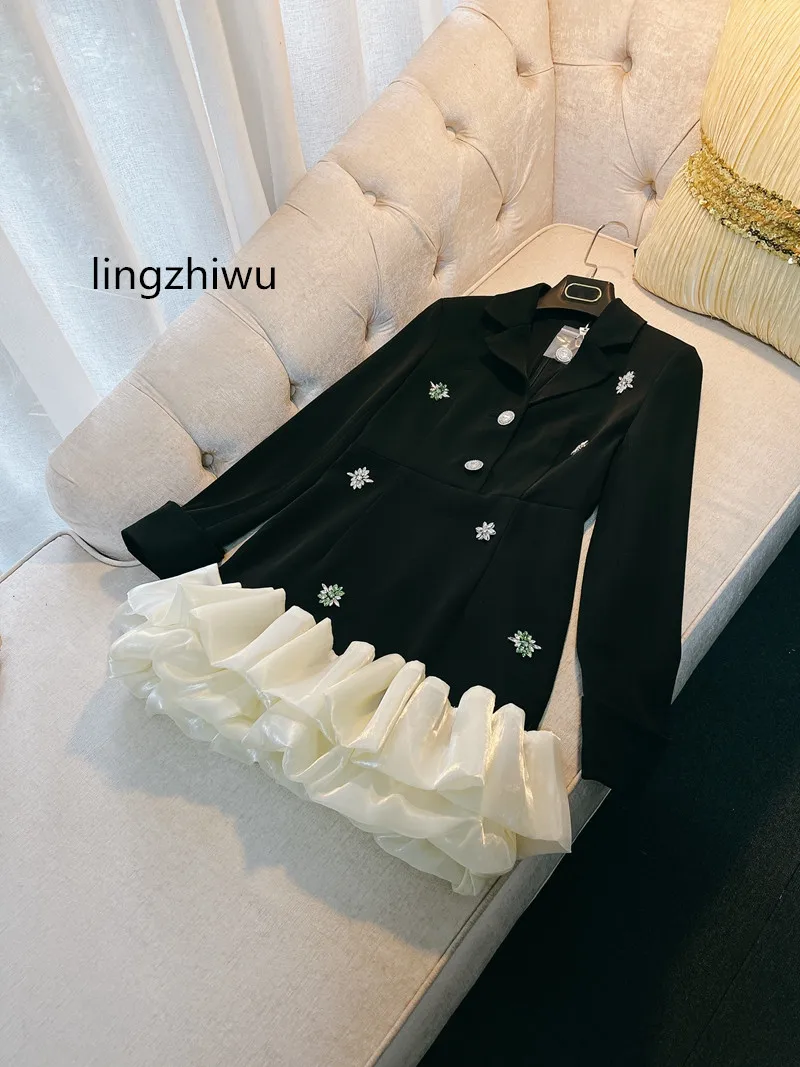 lingzhiwu Women Blazer Dress French Designer Petal Dresses Luxury Diamond Autumn Winter Top Quality Black Slim New Arrive