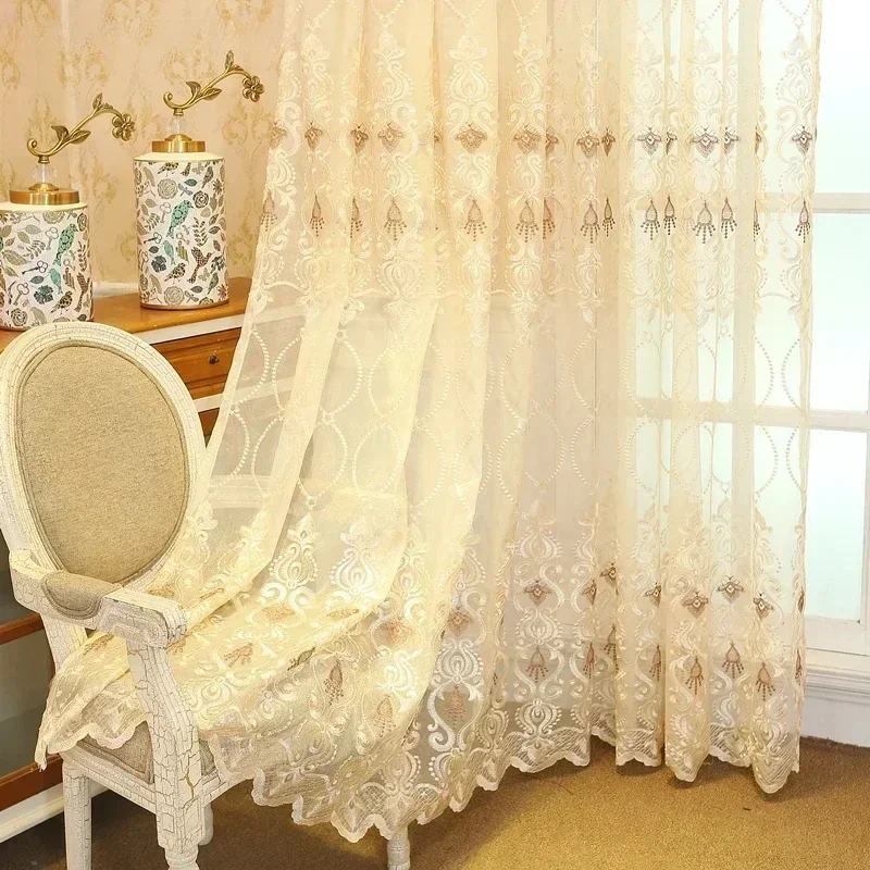 

Nordic Curtains for Living Room Bedroom Luxury Embroidery Tulle Cheap Sheer Voile Fabric Golden Lace Window Screen Decor Custom