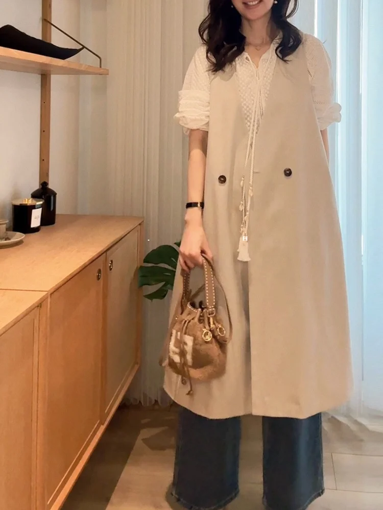 

Элегантный удлиненный жакет с V-образным вырезом и двойной застежкой на пуговицах PKHHK, для повседневной носки, из полиэфирного волокна, многослойный, модный.