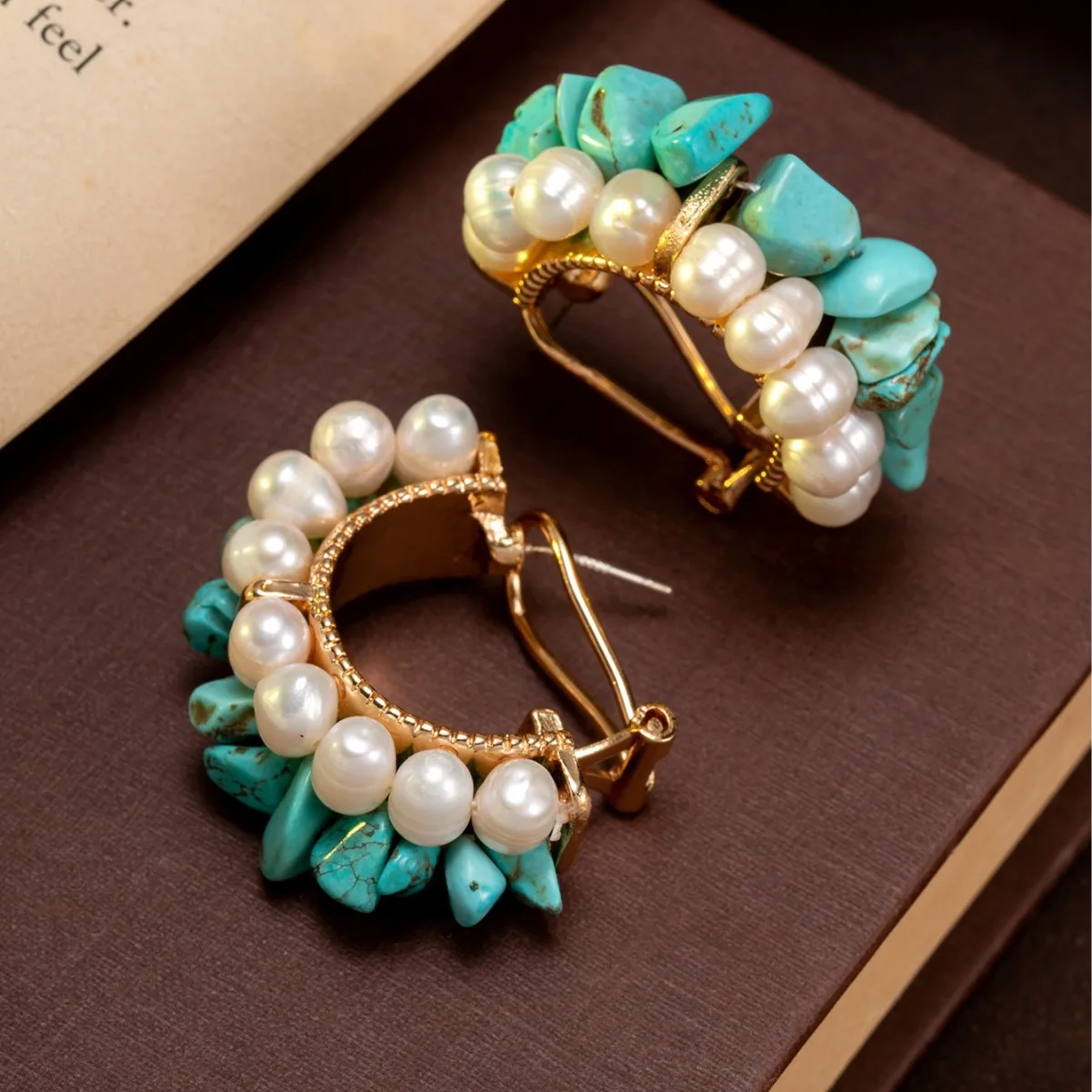 Trendy Vintage Countryside Style Turquoise Pearl Hoop Popular Temperament Earrings, Retro-style Daily Commuting Earrings