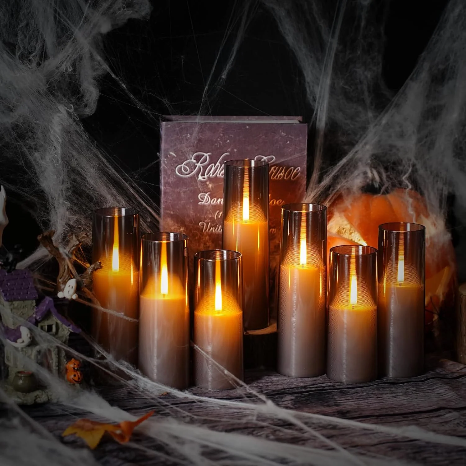 7Pcs Gray Ribbed Acrylic Flameless LED Candle Battery Operated With Remote Timers for Halloween Fall Fireplace Mantel Home Decor