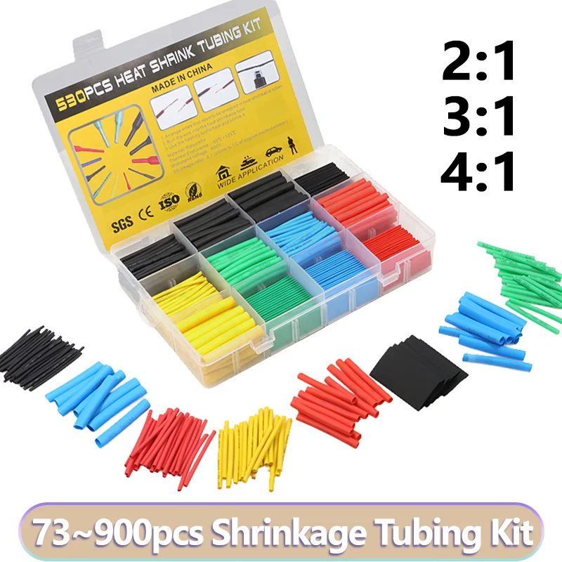 Heat Shrink Tubing Kit 73-900pcs 2:1 3:1 4:1 Ratio Cable Wire Insulation Sleeve Electrical Repair Protector Automotive Marine