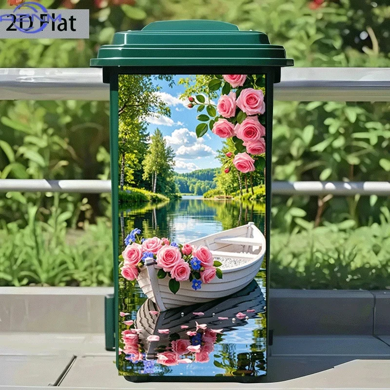 [2D Flat Printing]1pc Trash Can Sticker[Title Translated, Do Not Change] Boat Carrying Roses Reflecting on Water Theme Design