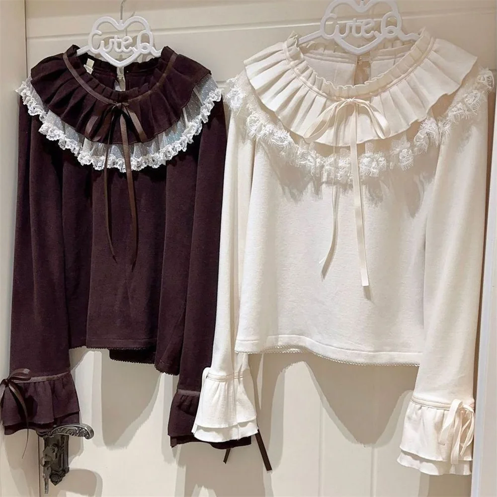 

2026 Long Sleeve Japanese Lolita Vintage T-shirts Women Party Y2k Kawaii Blouse Female Cosplay Outwear Tees Chic Vintage Tops