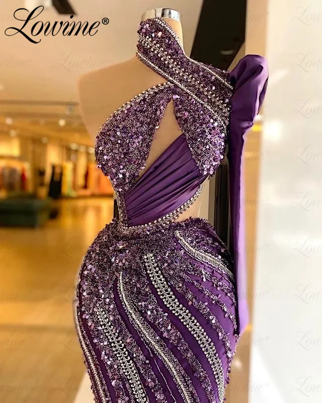 Arabic Purle One Shoulder Party Dress Beaded Sexy Long Mermaid Prom Dresses Custom Made Women Evening Gowns 2023 Crystals Robes