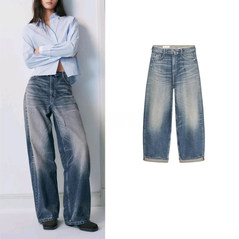 

Fall New Women's Design Sense Ripped Details mid Waist Flip Waisody Jeans Straight Leg Micro Stretch l Waist Denim