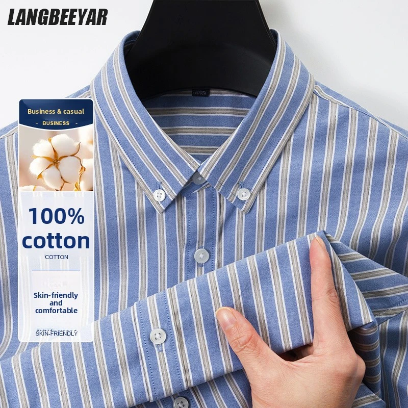 

100% Cotton Non Iron Anti Pilling Shirt Men Vertical Stripe Slim Fit Long Sleeve Breathable Button Down Business Casual​