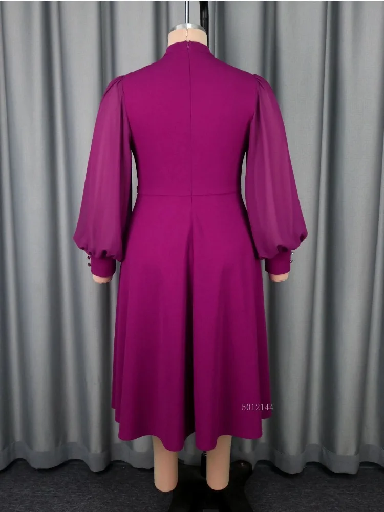 Elegantes Midi-Partykleid für Damen, halbhoher Kragen, Ausschnitt, durchsichtige Laternenärmel, plissiert, Diamant-Taille, edles Abend- und Urlaubsoutfit