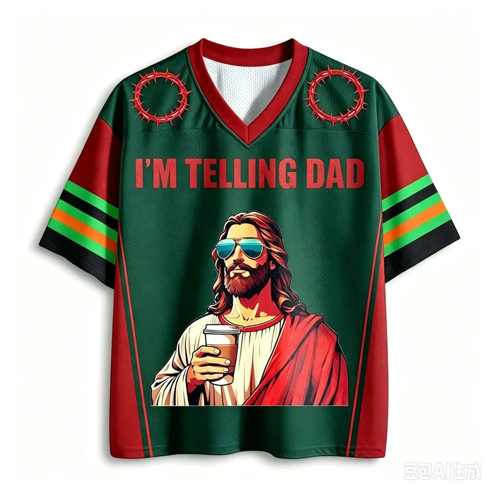 Vintage lustiges Jesus mit Sonnenbrille Kaffee 3D-Druck V-Ausschnitt Oversize-Tops für Herren und Damen Sommer Oversized lässiges Kurzarm-T-Shirt – Detail 4