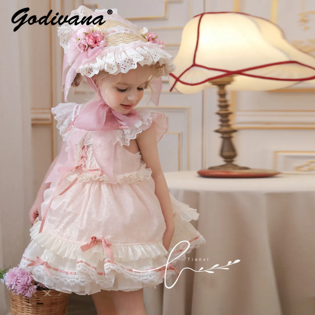 Girls Sweet Spaghetti Strap Lolita Princess Dress Summer New 2026 French Style Kids Lace Mesh Feifei Sleeve Bow Ruffle Tutu Gown
