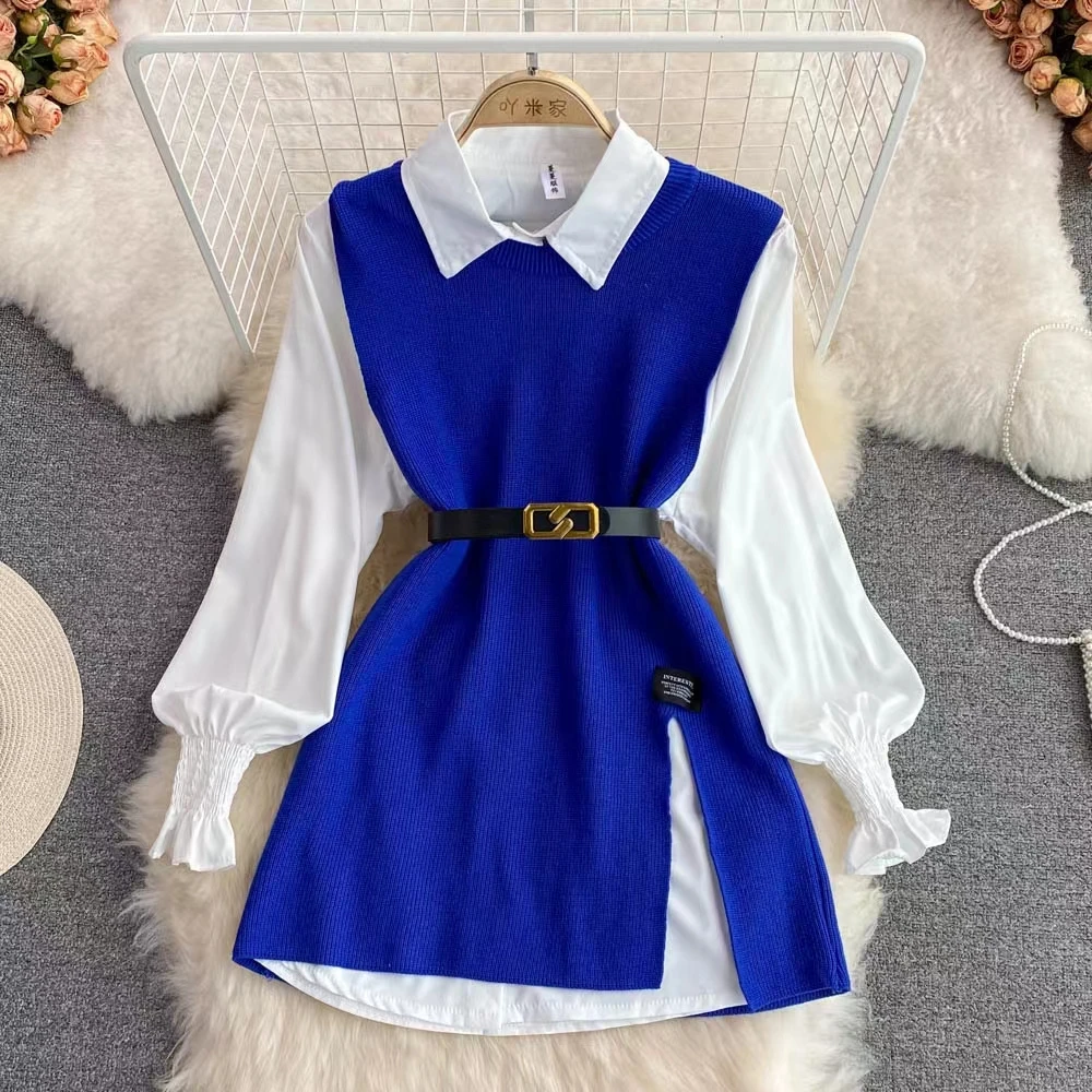 New Autumn Vest Sets Women Lantern Long Sleeve Lapel White Shirt + Casual Loose Knitted Vest Sweater Two Piece Set With Belt