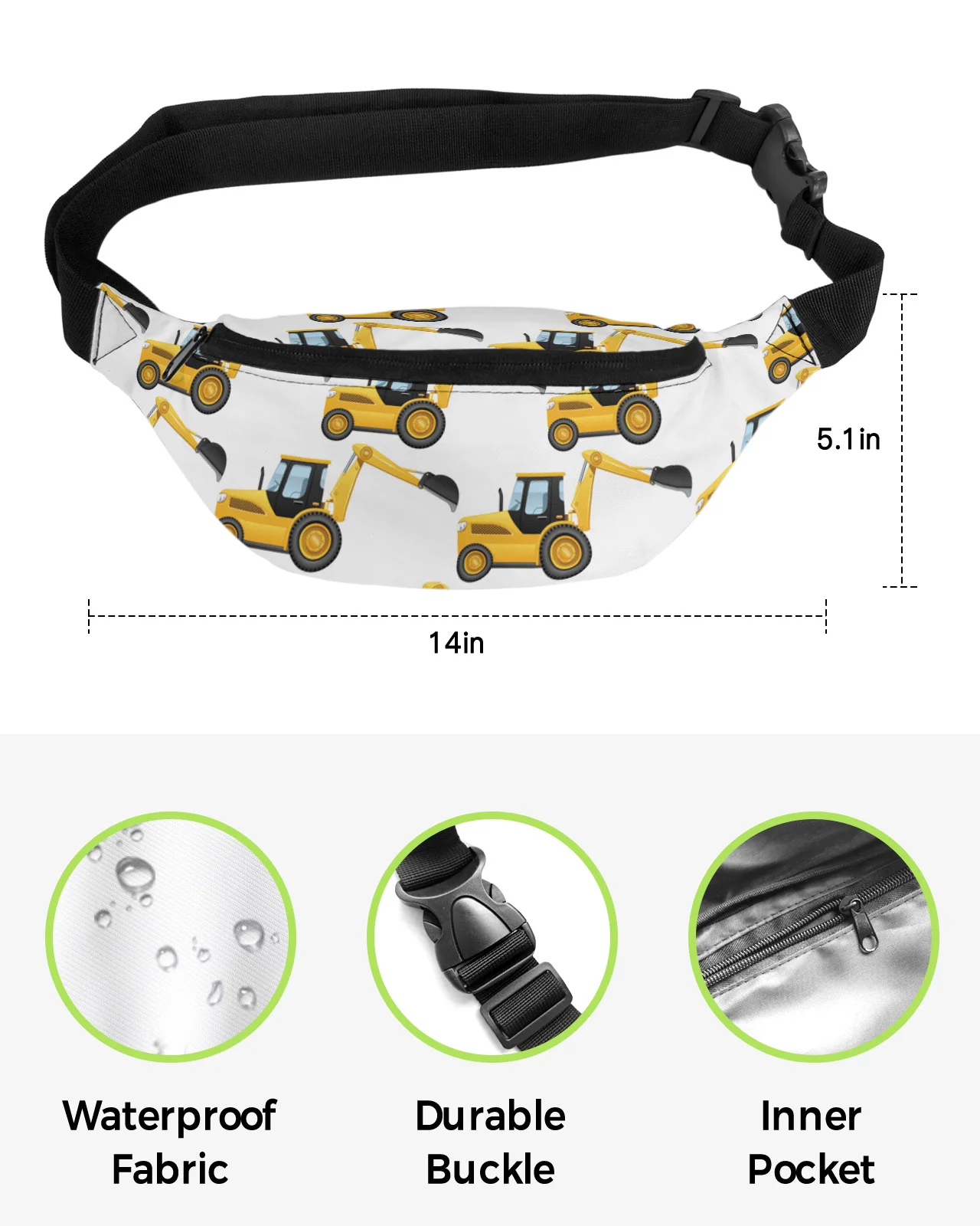 Yellow Excavator Mechanical Car White Waist Packs Shoulder Bag Unisex Messenger Bag Casual Fashion Fanny Pack for Women