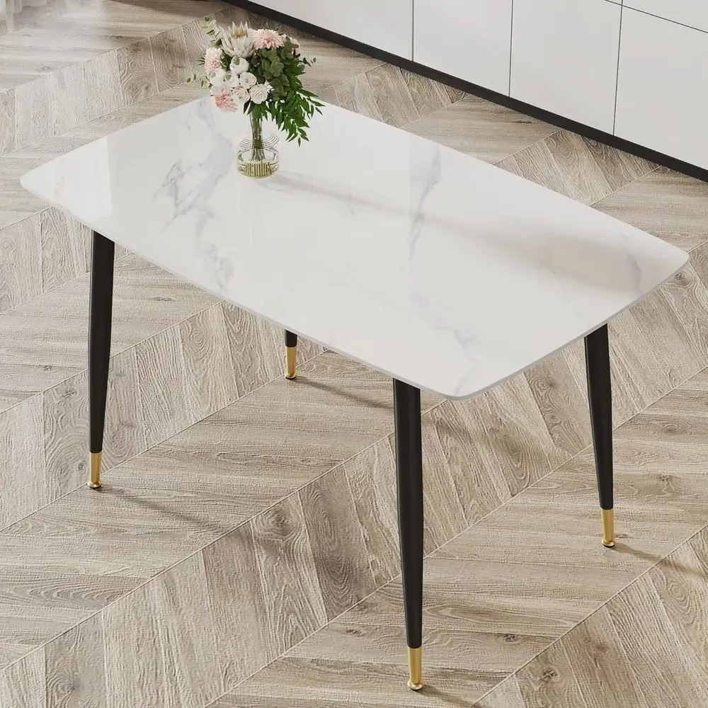 

White Marble Top Dining Table with Black Metal Legs for Modern Kitchen and Small Spaces