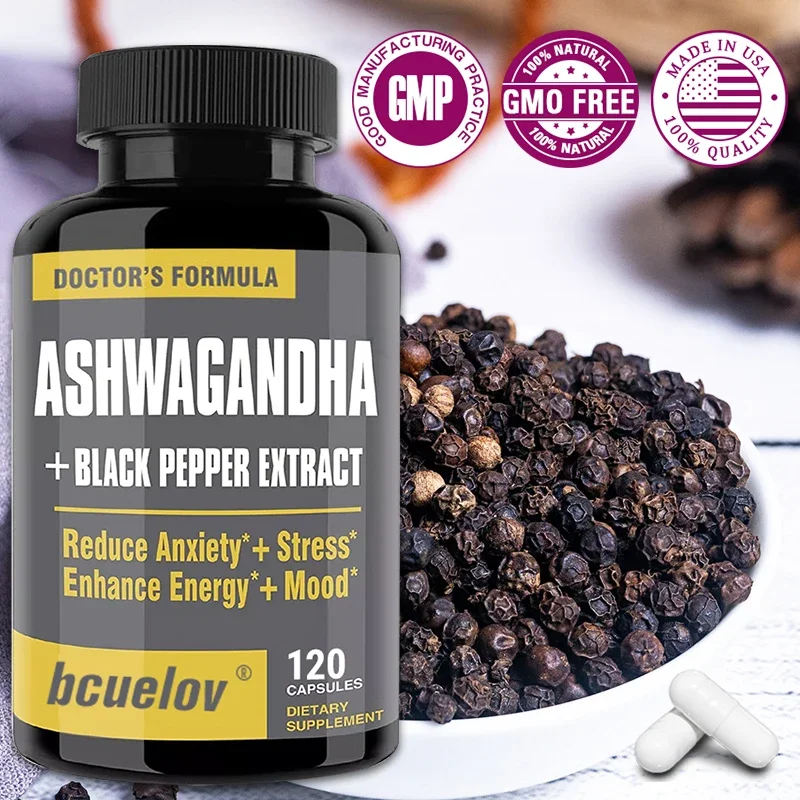 Ashwagandha + Black Pepper Extract Capsules Helps Improve Energy and Mood Reduce Anxiety and Stress Promotes Nerve Health