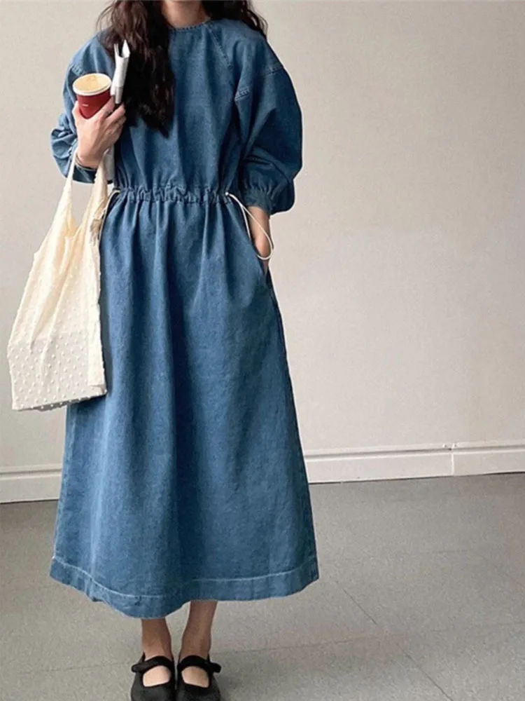 

Spring and Autumn Long Sleeve Waist Drawstring Strap Loose Large Denim Dress for Women Womens Dresses Long Dresses