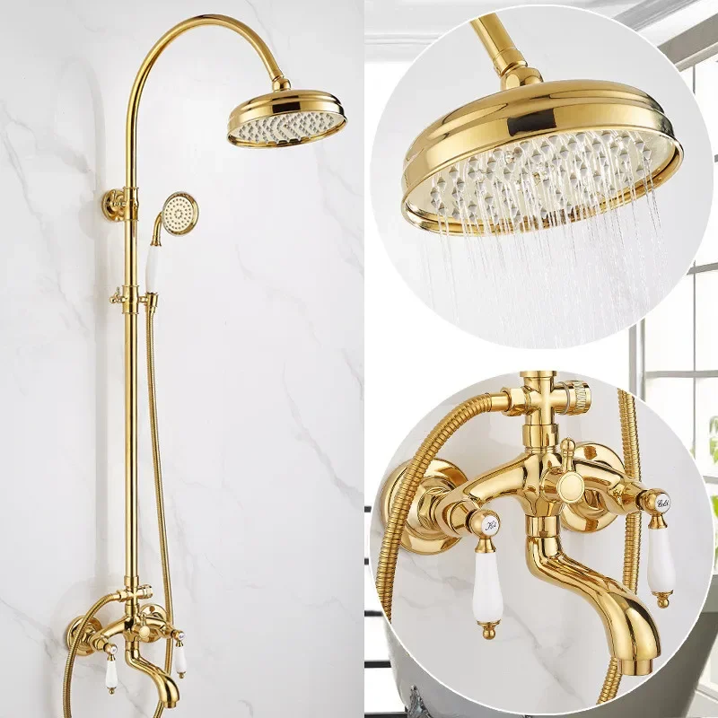 

Tuqiu Chrome Bathroom Shower Faucet Set Classical Rainfall Shower Mixer Tap Polished Gold Brass Bath and Shower Faucet Set