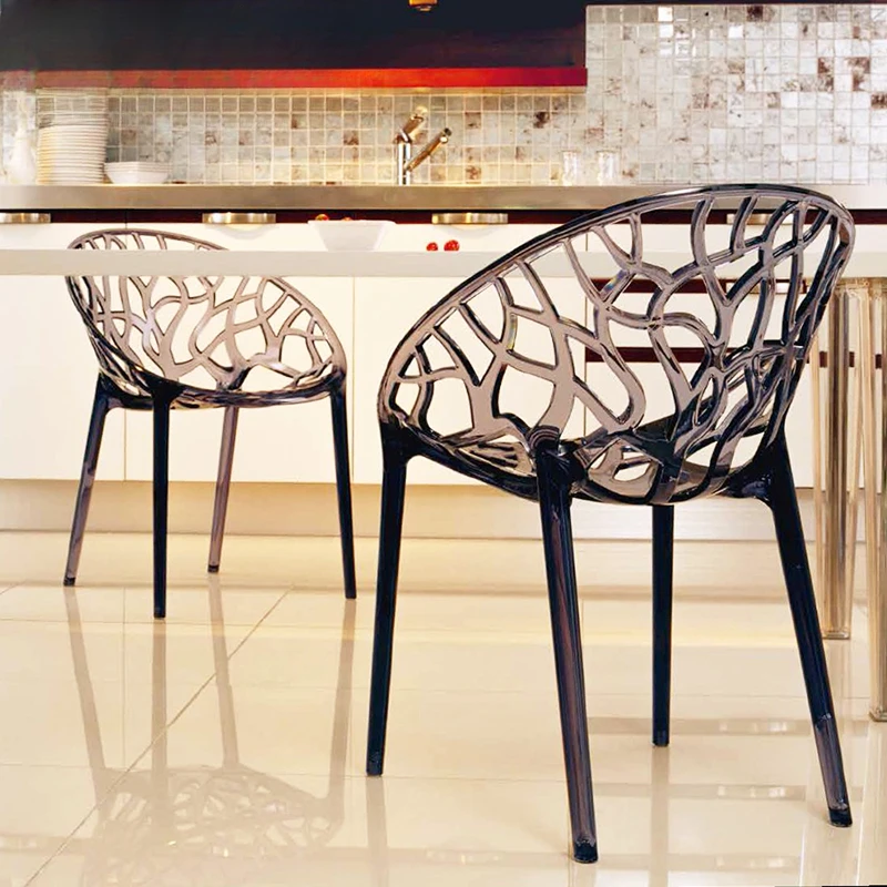 Transparent hollow dining chairs, modern and minimalist reception plastic backrests