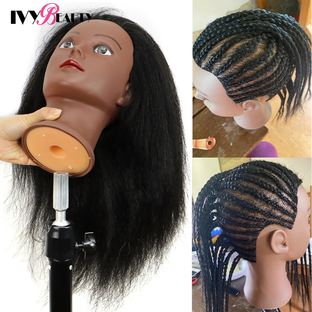 Women African Mannequin Head With Real Hair For Styling Braiding Professional Afro Training Hairdressing Hairart Wigs Head Stand