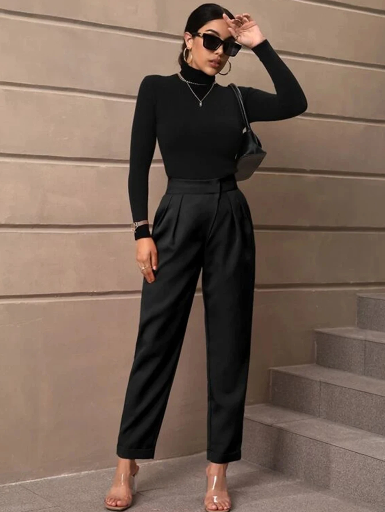 

2024 Fashion Casual Women's High-waisted Solid Black Color Ninth Pants Suit Diagonal Pocket Tapered Trousers And Long Pants