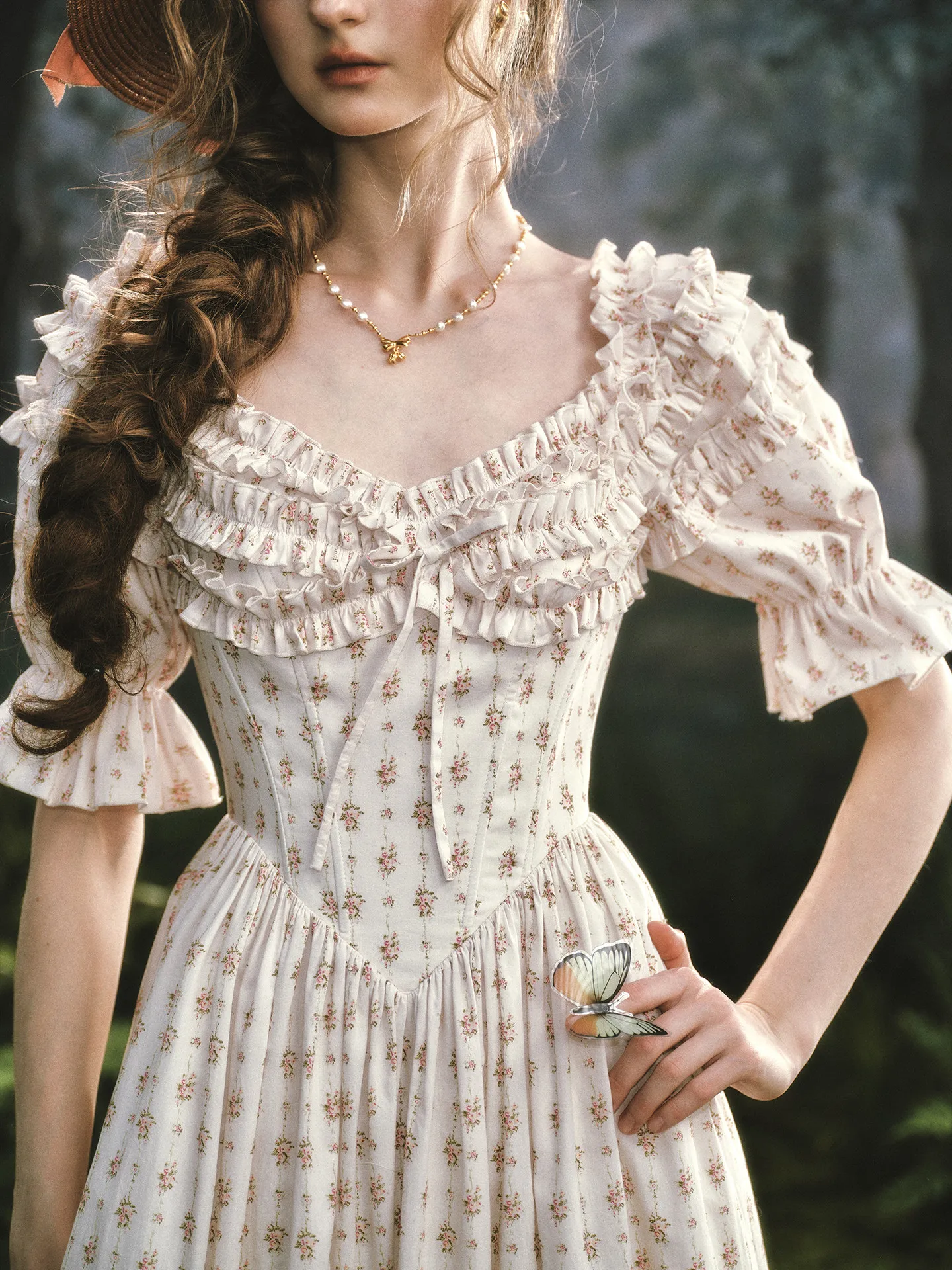 78-101cm Bust Spring Summer 100%Cotton Dresses Women Vintage French Cottagecore Dress Elegant Slimming Floral Corset Silhouette