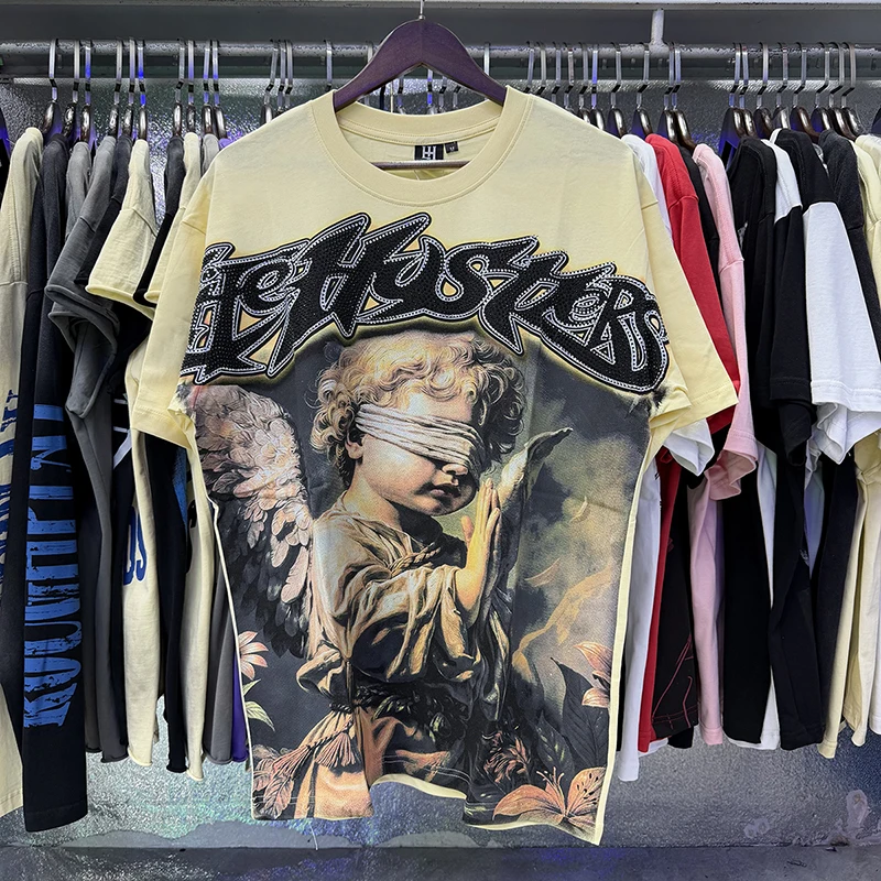 Summer Street Fashion New Life Hustlers Praying Angel Printed T-shirt Multi-Colors 100% Cotto Letter Rhinestone Print Tee Shirts