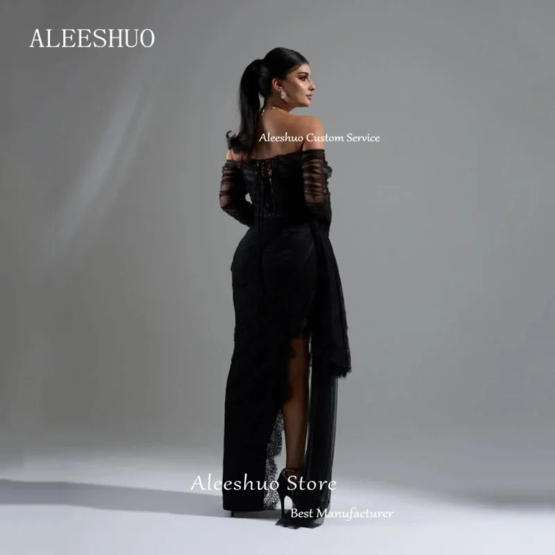 فستان سهرة من Aleeshuo باللون الأسود بتصميم حورية البحر من الدانتيل بسيط بدون أكتاف وفتحة جانبية للحفلات الراقصة مثير بدون ظهر مخصص