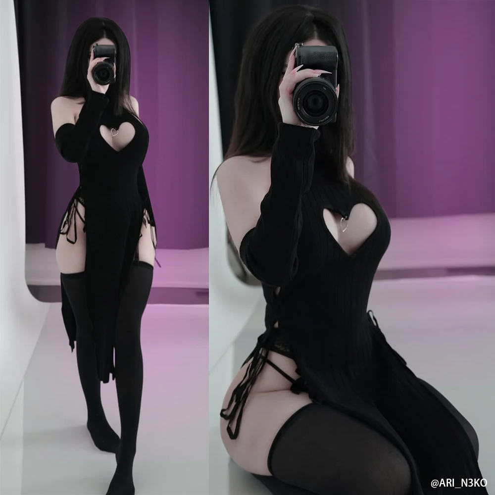 KORURACLUB Sexy Women heart Turtleneck sweater Soft knitted cheongsam long Backless dress