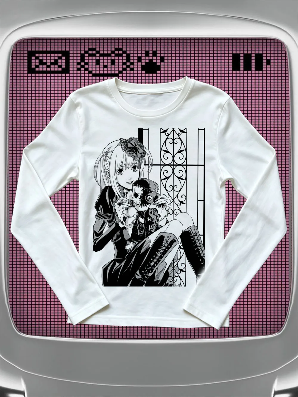 Image of Dunkles Gothic-Anime-Grafik-Langarmshirt mit Twin-Tail-Lolita-Mädchen-Iron-Gate-Illustration, Alt-Fashion-Damen-Oberteil