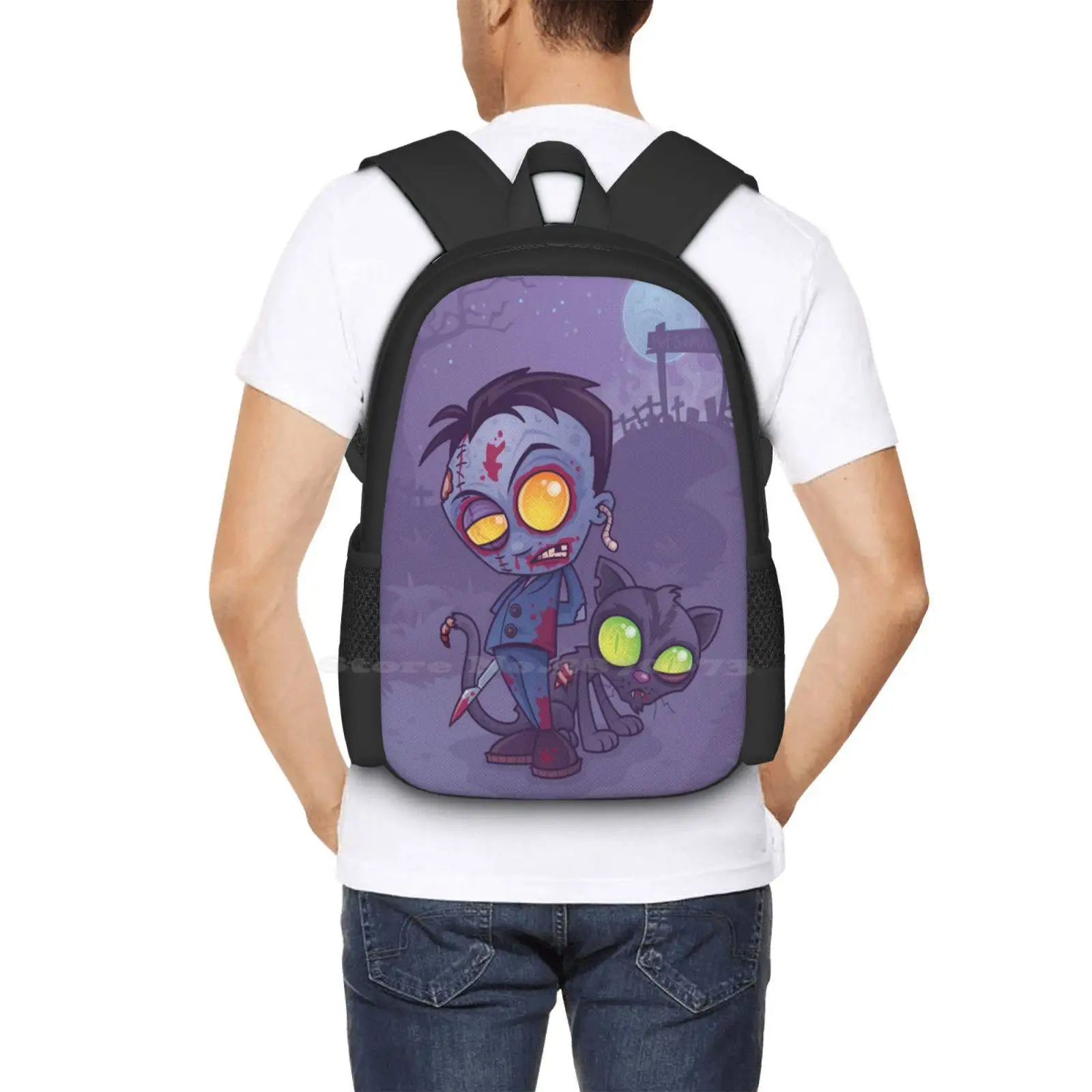 Gambar pola modis pemakaman hewan peliharaan tas ransel sekolah Laptop Travel ransel Monster seram kartun Zombie vektor hantu kucing