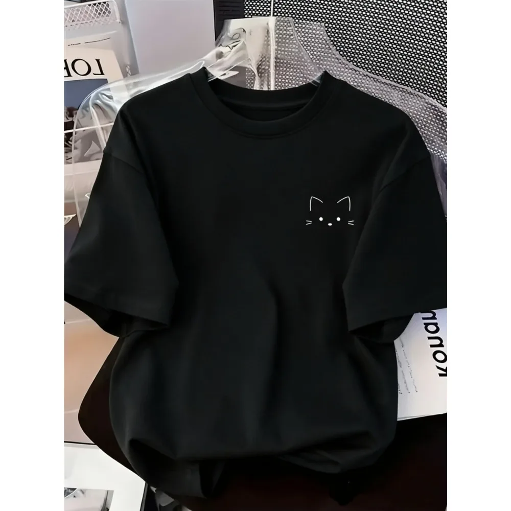 Minimalist Chest Small Logo Cat Easy Line Drawing T-Shirt Basic Versatile Style Geometric Print Crew Neck Short Sleeve Casual