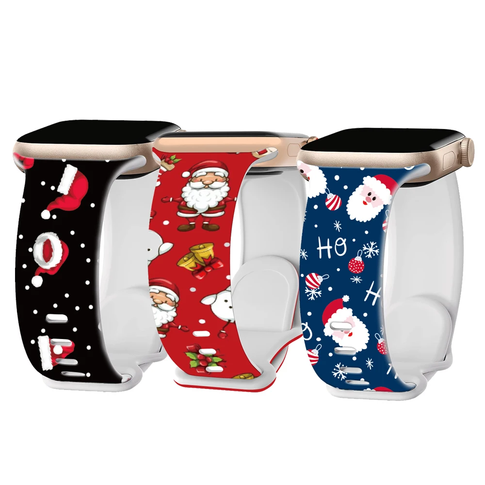 عيد الميلاد سيليكون حزام لساعة أبل 40 41 42 44 45 46 49 مللي متر عيد الميلاد عطلة سانتا ثلج iWatch العصابات 11 10 9 8 7 6 5 SE الترا