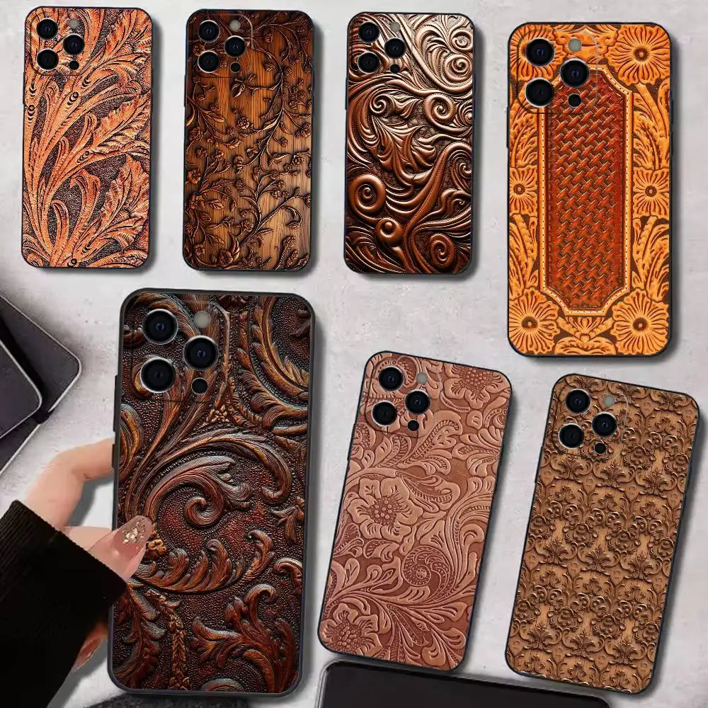 

B-Brown Hand Tooled Western Phone Case For iPhone 17,16,15,14,13,12,11 Plus,Pro Max,XS,Soft Silicone Black Cover