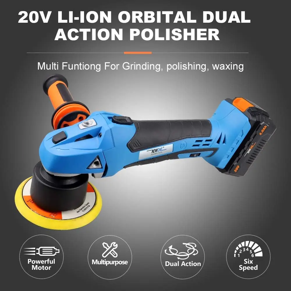 Newone 20V Cordless Round Orbital Polisher Dual Action Buffer Polisher ,5-Inch,6 Variable Speeds, Anti-Vibration Handle, Car