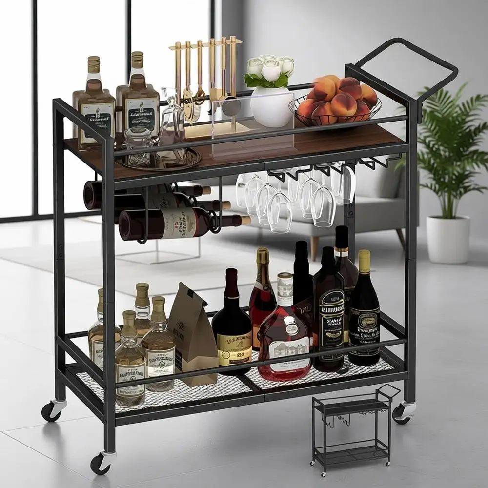 

Dual-Tone Mobile Bar Cart with Two Shelves, Wine Glass Holder for Kitchen, Dining, Living Room Use