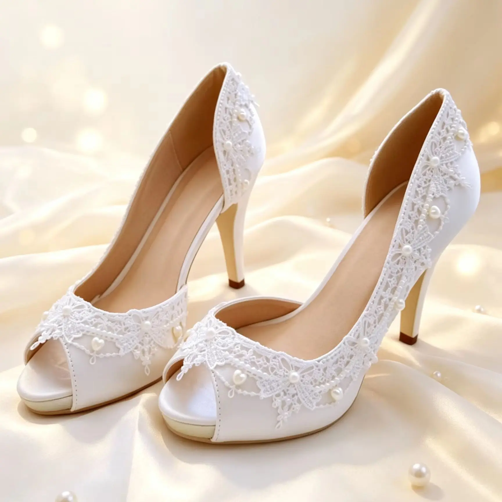 Spring and summer new lace ribbon pearl tassel waterproof table silk wedding shoes banquet large size high-heeled women's sandal